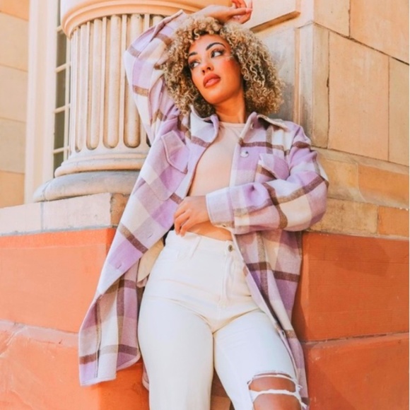 BLANK NYC I Feel You Purple, White & Brown Shacket Long Shirt Jacket - Picture 4 of 5